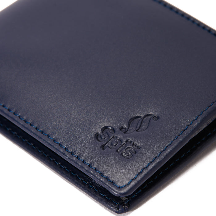 Close-up of blue leather wallet with embossed logo and fine stitching detail.