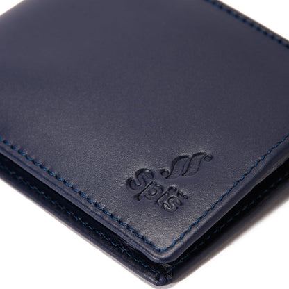 Close-up of blue leather wallet with embossed logo and fine stitching detail.
