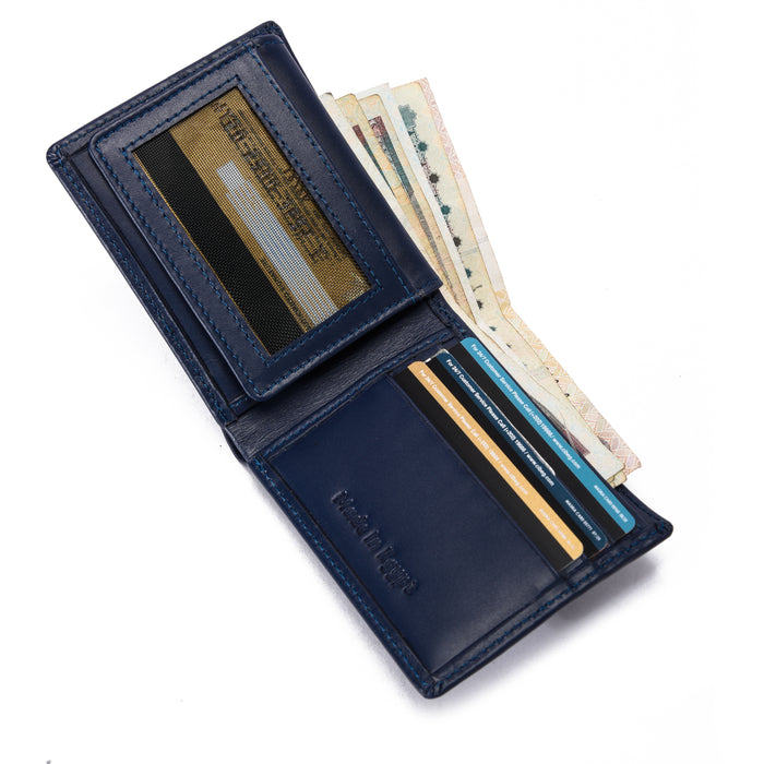 Open blue leather wallet with cards, cash, and an ID window on white background