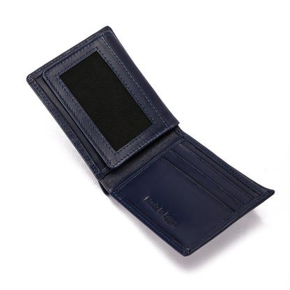 Open navy blue leather wallet with card slots and mesh ID window on white background