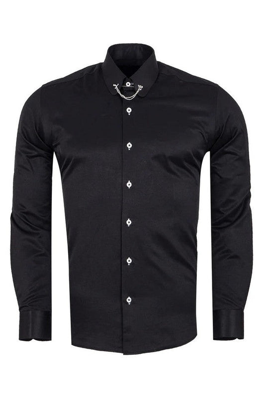 CLASSIC BLACK DRESS SHIRT PENNY COLLAR PIN BAR WITH CHAIN