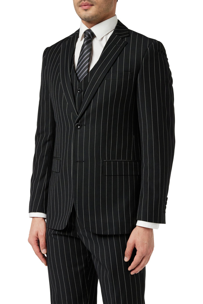 Men's Classic Black White Pinstripe Single Breasted 5-Piece Suit Bundle