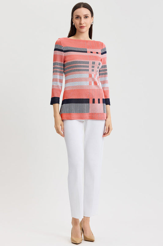 Classic Jacquard Colorblock Soft Knit Tunic, Sunkist Coral/White/Indigo | Ming Wang