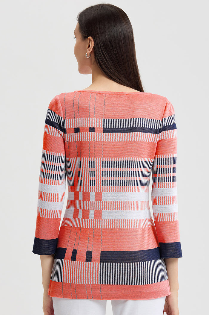 Classic Jacquard Colorblock Soft Knit Tunic, Sunkist Coral/White/Indigo | Ming Wang