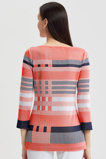Classic Jacquard Colorblock Soft Knit Tunic, Sunkist Coral/White/Indigo | Ming Wang