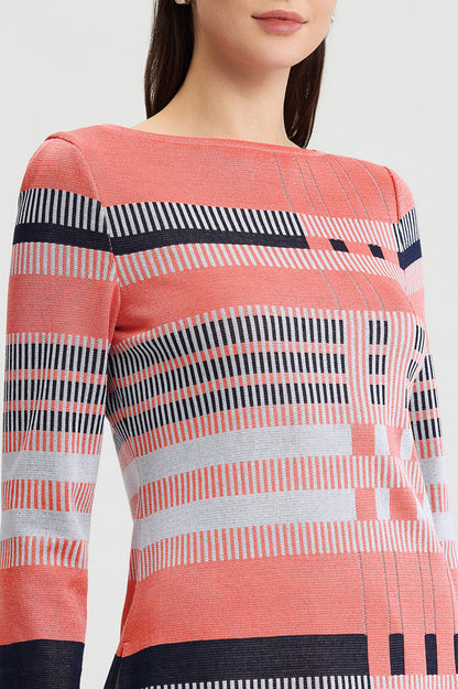 Classic Jacquard Colorblock Soft Knit Tunic, Sunkist Coral/White/Indigo | Ming Wang