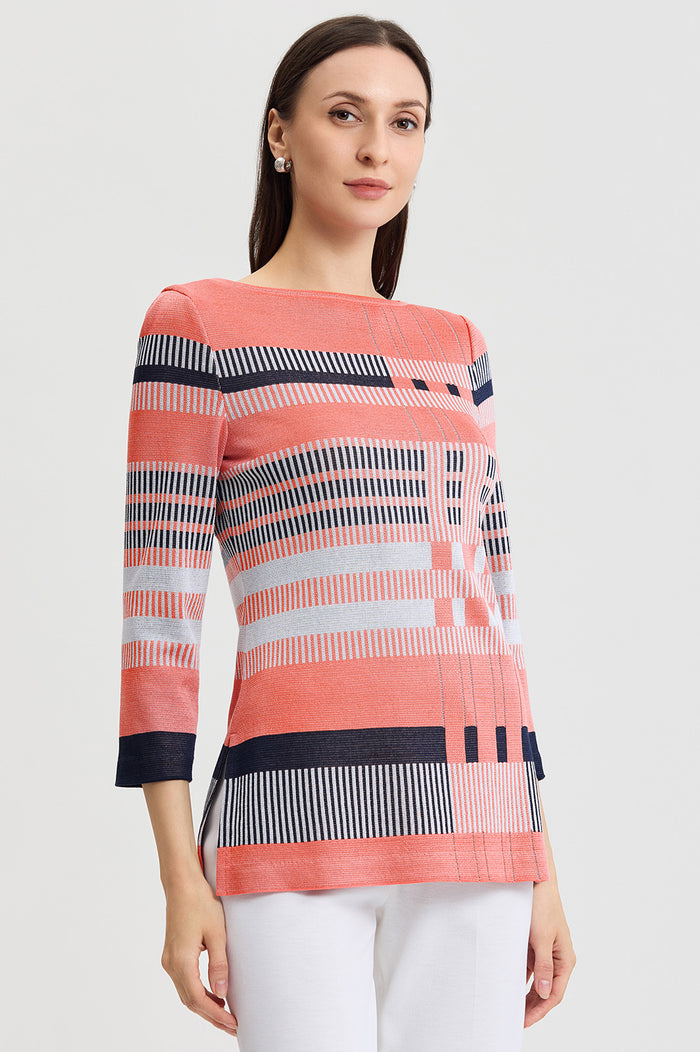 Classic Jacquard Colorblock Soft Knit Tunic, Sunkist Coral/White/Indigo | Ming Wang