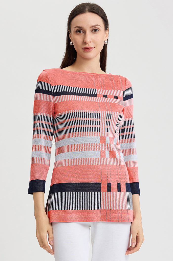 Classic Jacquard Colorblock Soft Knit Tunic, Sunkist Coral/White/Indigo | Ming Wang