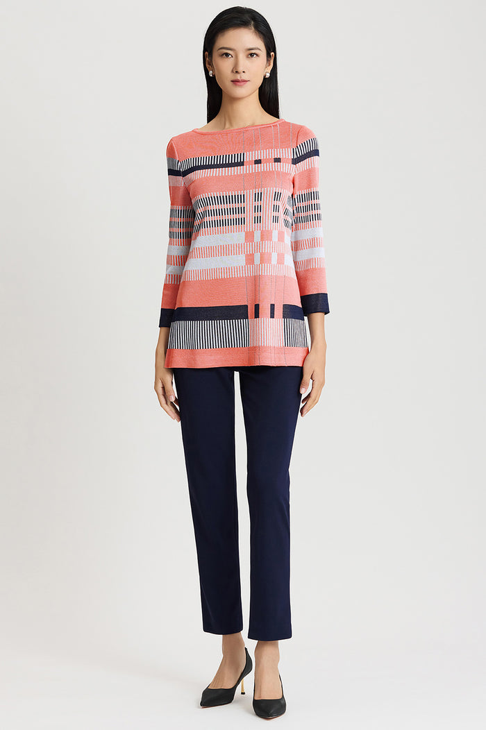 Classic Jacquard Colorblock Soft Knit Tunic, Sunkist Coral/White/Indigo | Ming Wang
