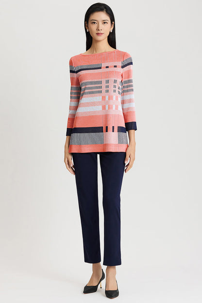 Classic Jacquard Colorblock Soft Knit Tunic, Sunkist Coral/White/Indigo | Ming Wang