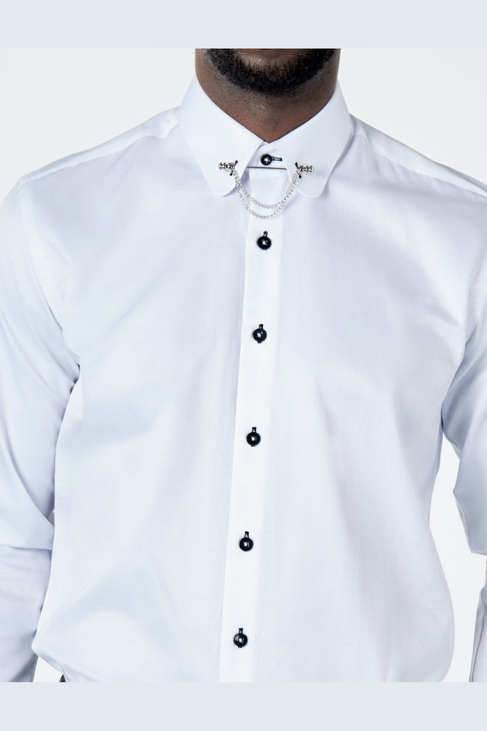 CLASSIC WHITE DRESS SHIRT PENNY COLLAR PIN BAR WITH CHAIN