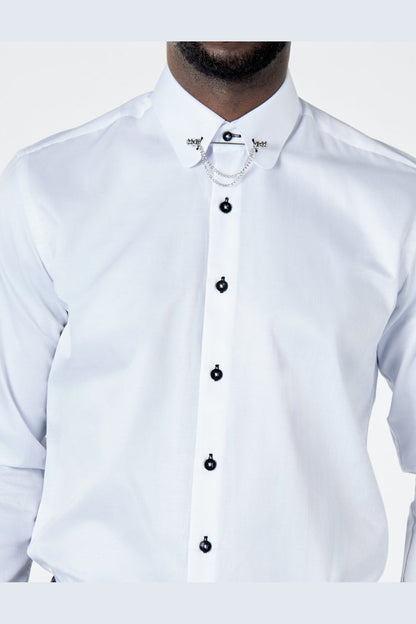 CLASSIC WHITE DRESS SHIRT PENNY COLLAR PIN BAR WITH CHAIN