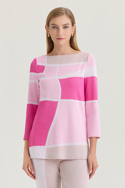 Colorblock Jacquard Soft Knit Tunic, Carmine Rose/Perfect Pink/Limestone/White | Ming Wang