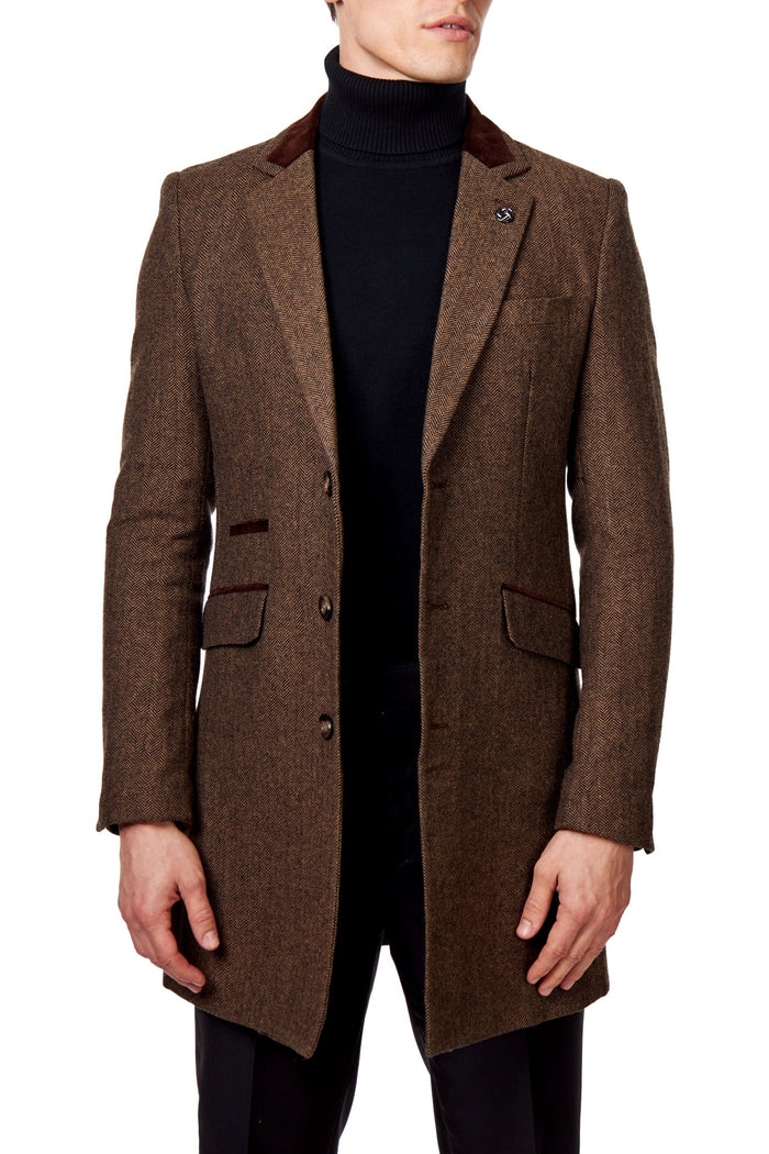COSMO – BROWN HERRINGBONE WOOL BLEND LONG OVERCOAT