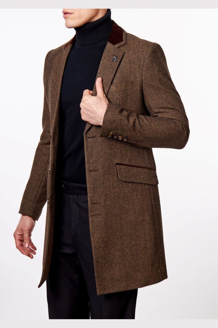 COSMO – BROWN HERRINGBONE WOOL BLEND LONG OVERCOAT