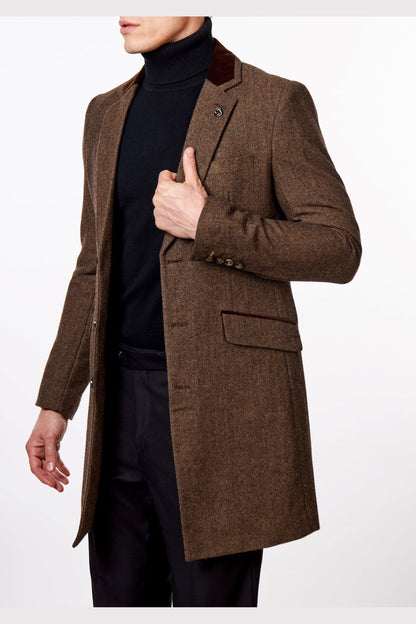 COSMO – BROWN HERRINGBONE WOOL BLEND LONG OVERCOAT