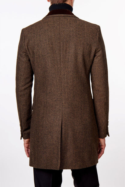 COSMO – BROWN HERRINGBONE WOOL BLEND LONG OVERCOAT