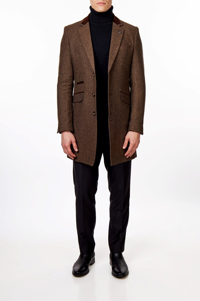 COSMO – BROWN HERRINGBONE WOOL BLEND LONG OVERCOAT