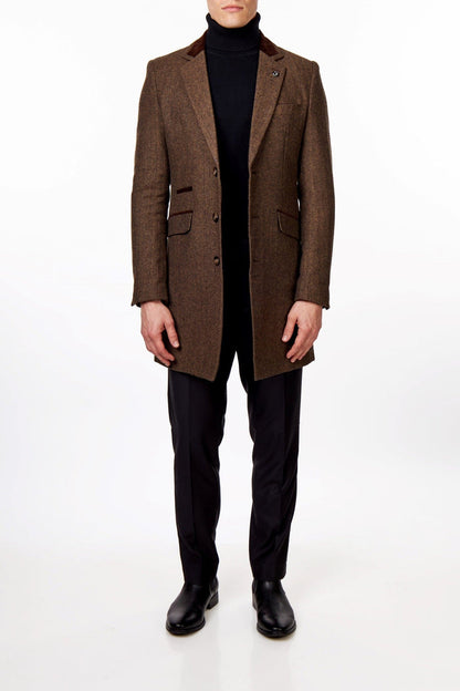 COSMO – BROWN HERRINGBONE WOOL BLEND LONG OVERCOAT