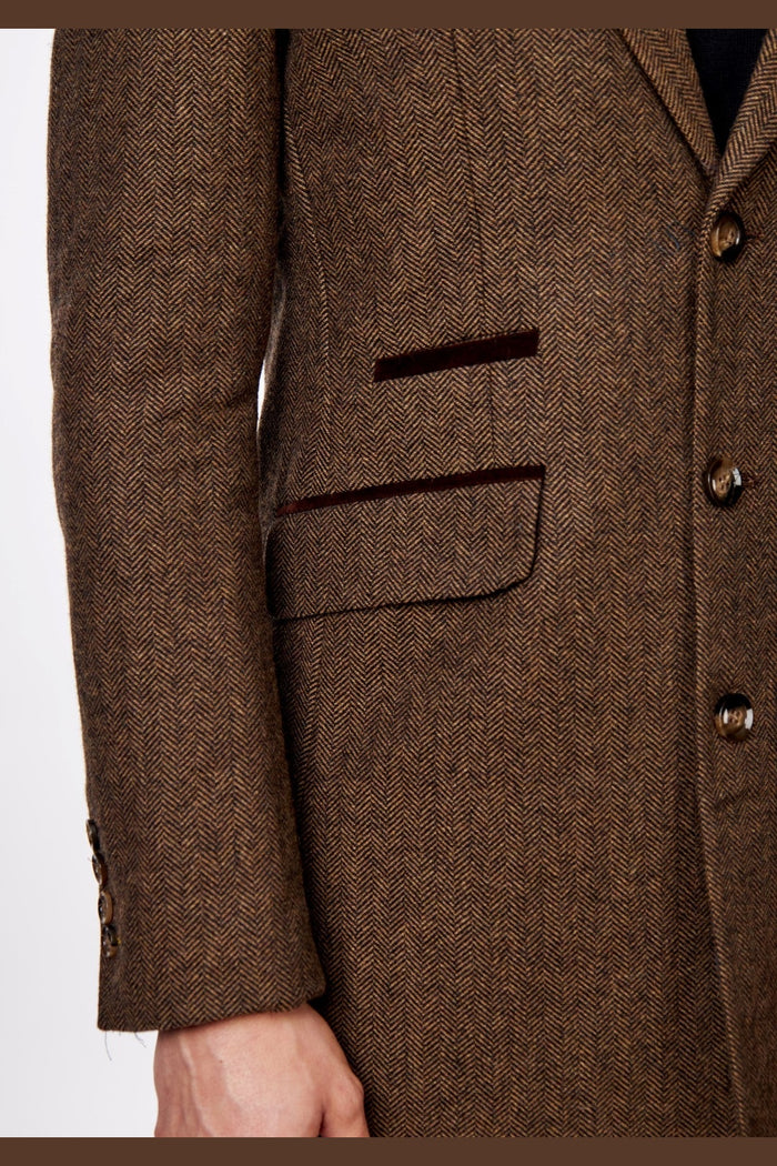 COSMO – BROWN HERRINGBONE WOOL BLEND LONG OVERCOAT