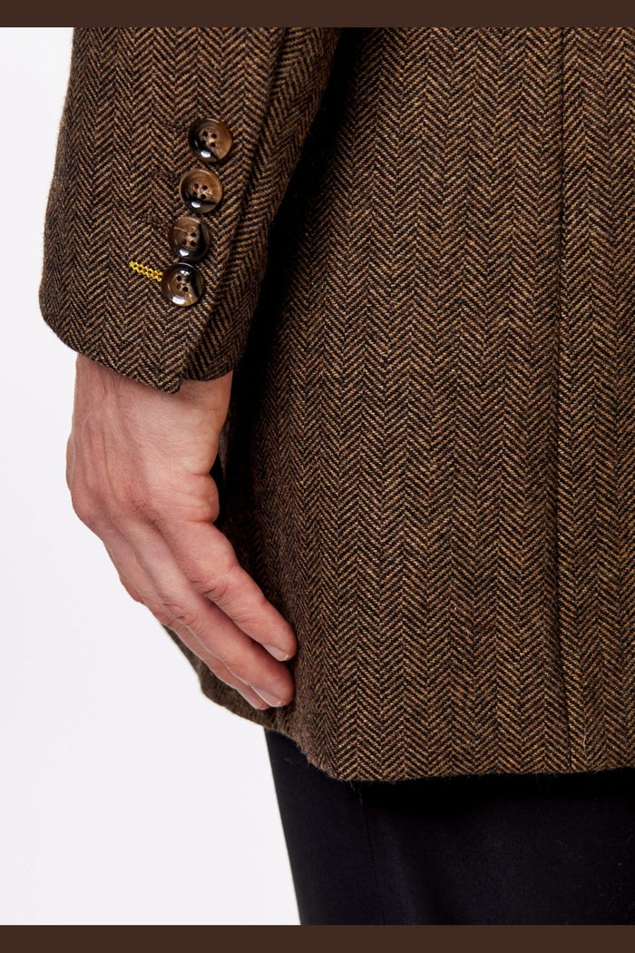 COSMO – BROWN HERRINGBONE WOOL BLEND LONG OVERCOAT