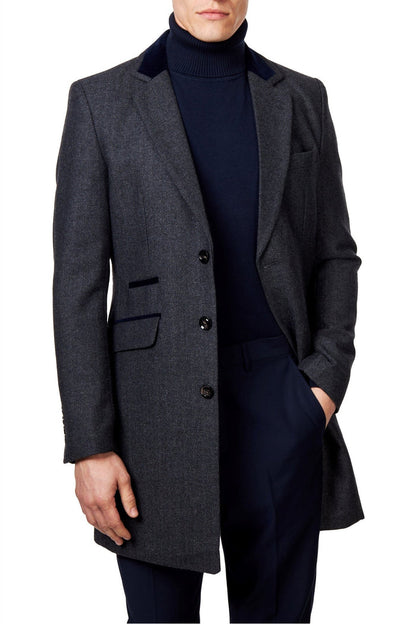 COSMO – GREY HERRINGBONE WOOL BLEND LONG OVERCOAT