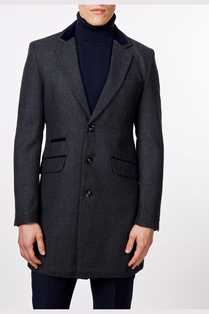 COSMO – GREY HERRINGBONE WOOL BLEND LONG OVERCOAT