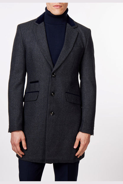 COSMO – GREY HERRINGBONE WOOL BLEND LONG OVERCOAT