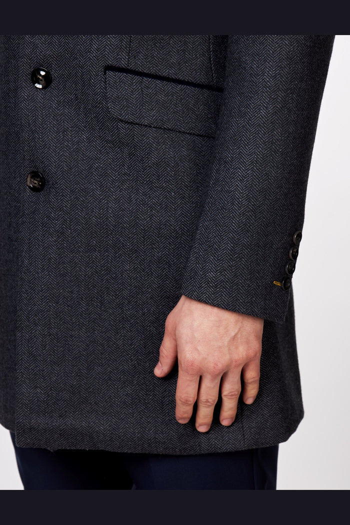 COSMO – GREY HERRINGBONE WOOL BLEND LONG OVERCOAT