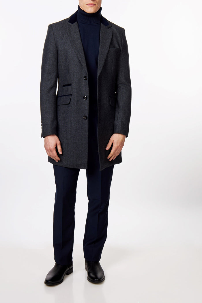 COSMO – GREY HERRINGBONE WOOL BLEND LONG OVERCOAT