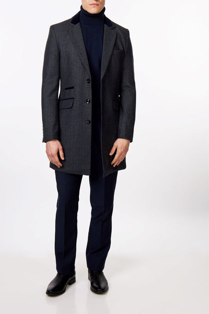 COSMO – GREY HERRINGBONE WOOL BLEND LONG OVERCOAT