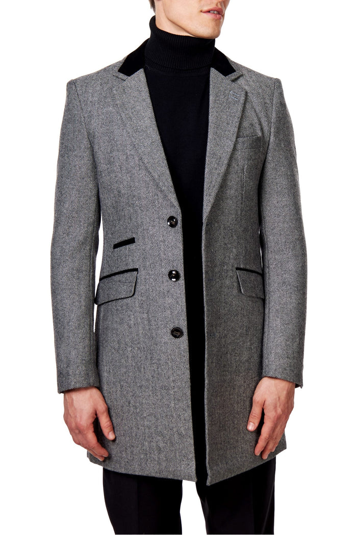 COSMO – HERRINGBONE WOOL BLEND LONG OVERCOAT IN GREY