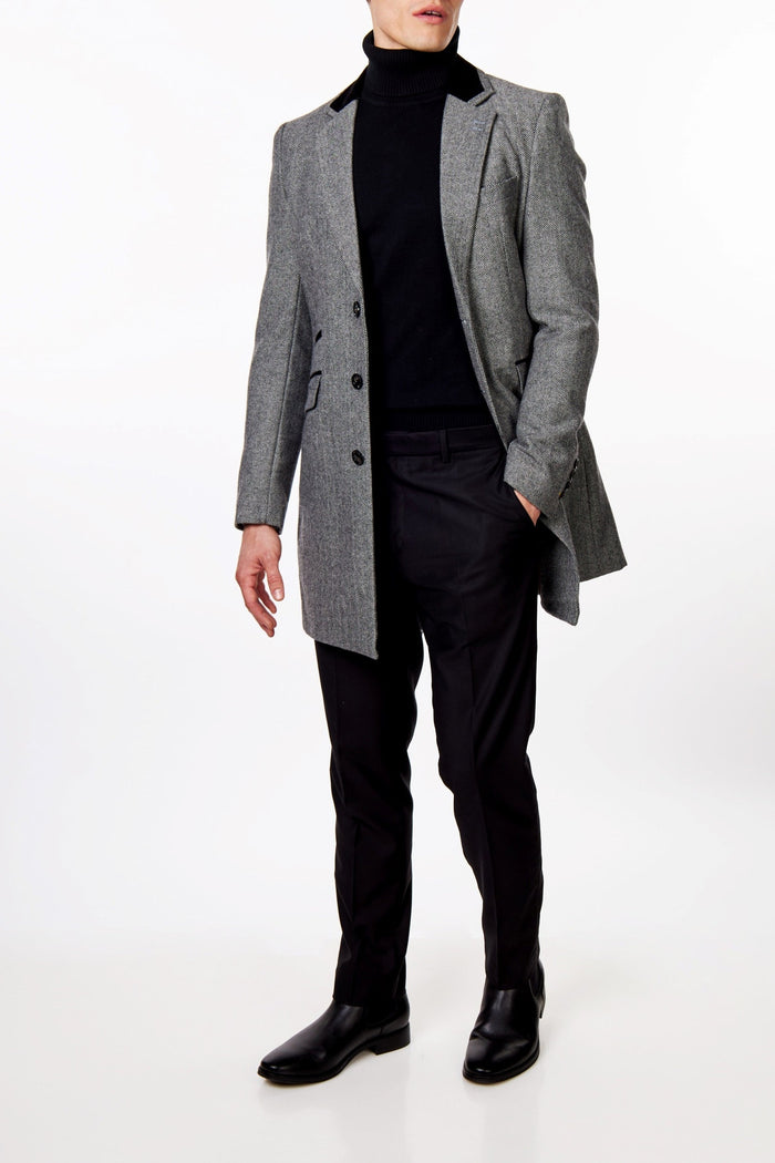 COSMO – HERRINGBONE WOOL BLEND LONG OVERCOAT IN GREY