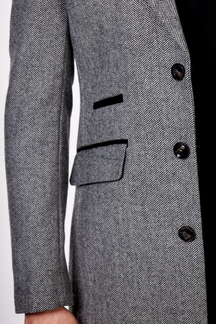 COSMO – HERRINGBONE WOOL BLEND LONG OVERCOAT IN GREY
