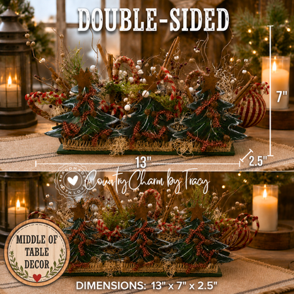 Country Christmas Tree Wood Decor - Hand-Painted Double-Sided Primitive Farmhouse Centerpiece | Free Shipping in USA