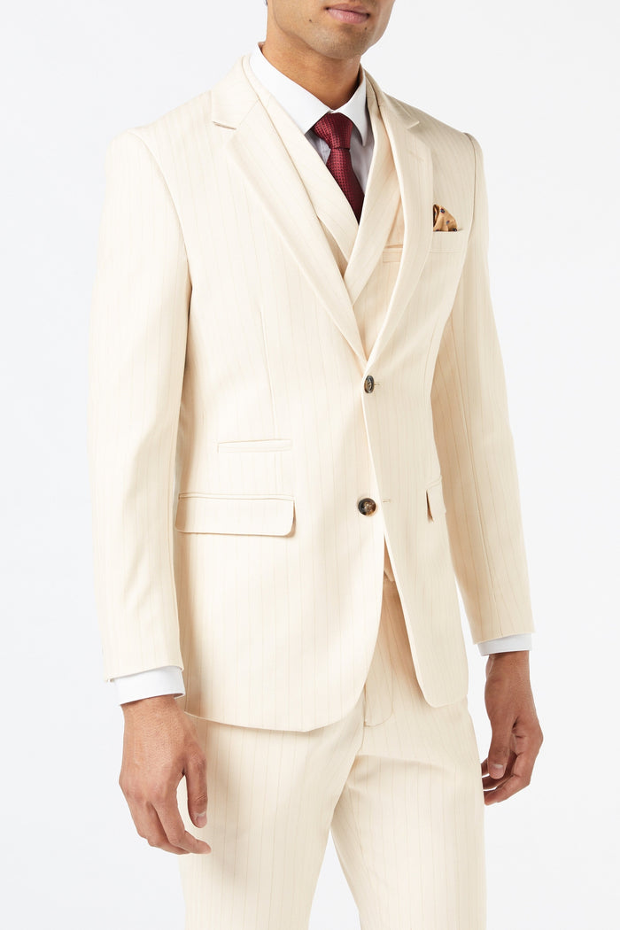 Men's Neil Ivory Beige Gold Pinstripe Double Breasted 5-Piece Suit Bundle