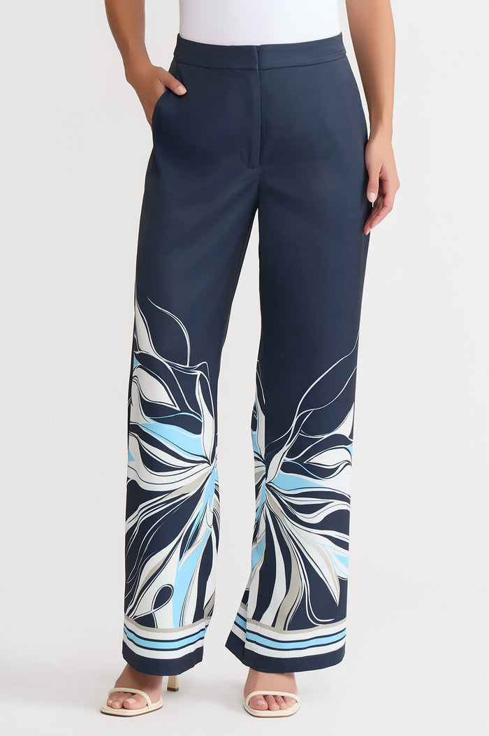 Crepe de Chine Wide-Leg Floral Abstract Pants, Indigo/White/Limestone/Serene | Ming Wang