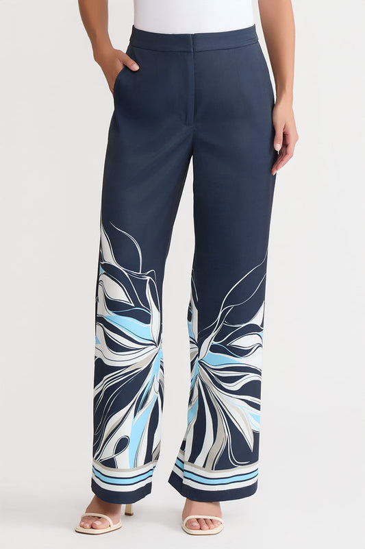 Crepe de Chine Wide-Leg Floral Abstract Pants, Indigo/White/Limestone/Serene | Ming Wang