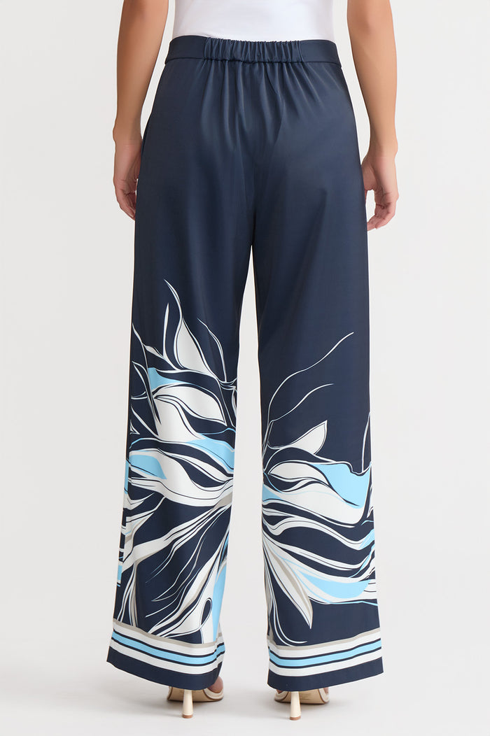 Crepe de Chine Wide-Leg Floral Abstract Pants, Indigo/White/Limestone/Serene | Ming Wang