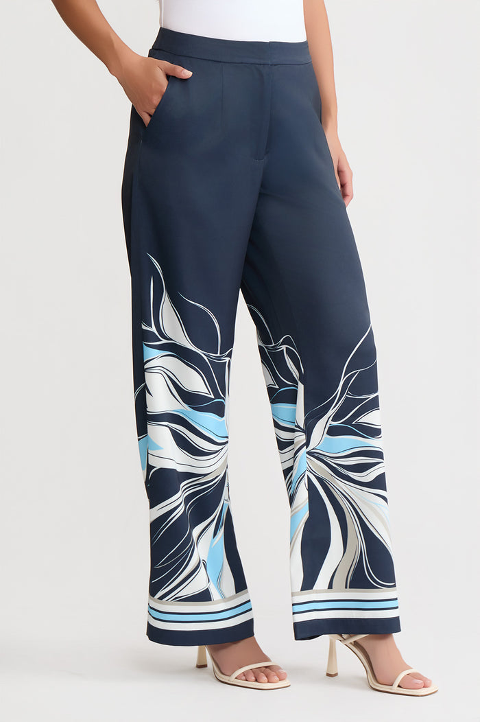 Crepe de Chine Wide-Leg Floral Abstract Pants, Indigo/White/Limestone/Serene | Ming Wang