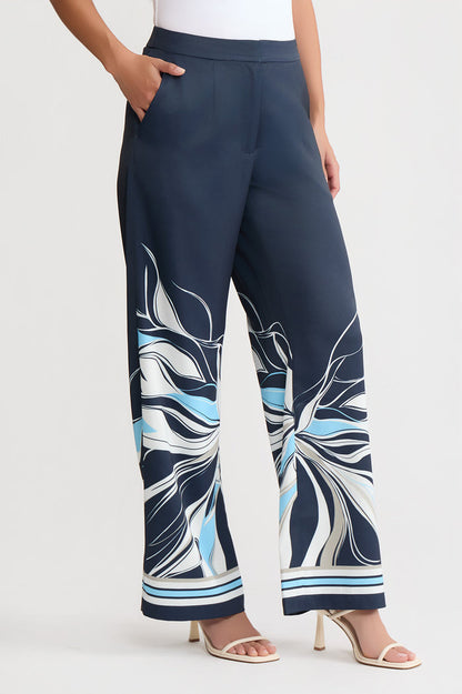 Crepe de Chine Wide-Leg Floral Abstract Pants, Indigo/White/Limestone/Serene | Ming Wang