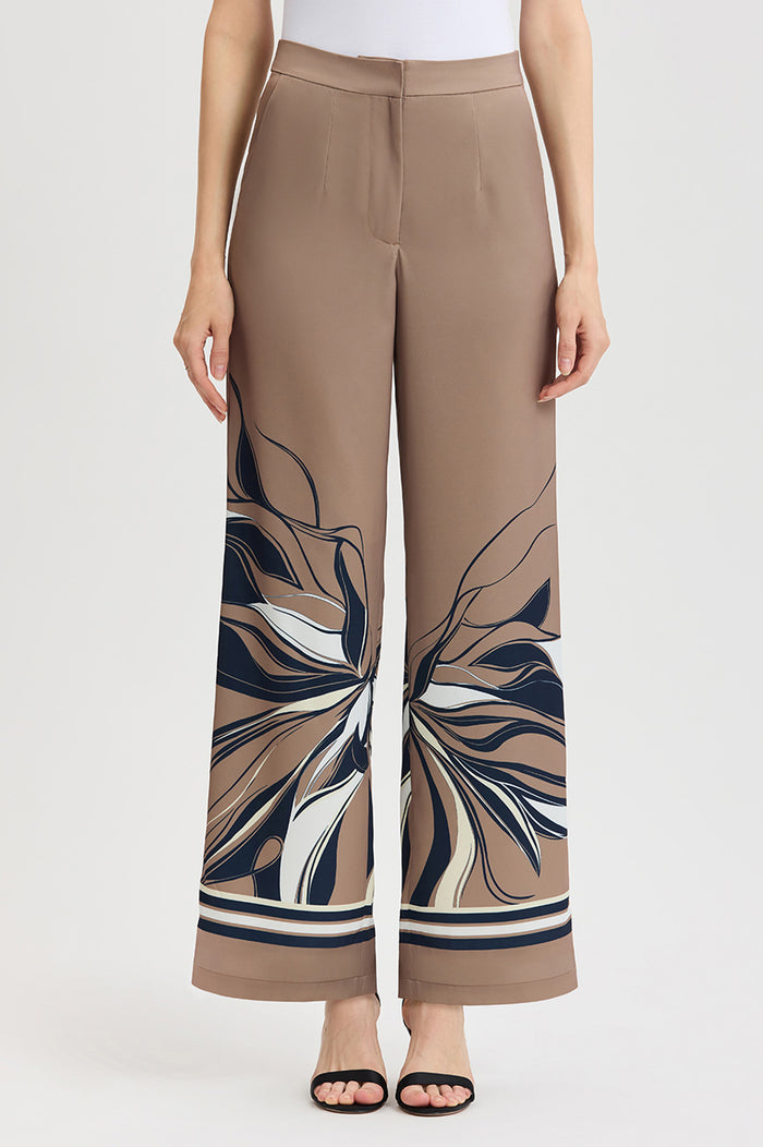 Crepe de Chine Wide-Leg Floral Abstract Pants, Warm Taupe, Warm Taupe/Indigo/Ivory/French Almond | Ming Wang