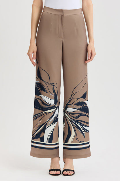Crepe de Chine Wide-Leg Floral Abstract Pants, Warm Taupe, Warm Taupe/Indigo/Ivory/French Almond | Ming Wang