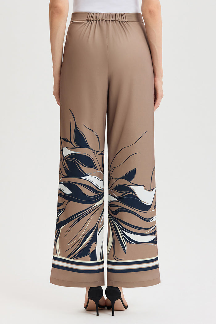 Crepe de Chine Wide-Leg Floral Abstract Pants, Warm Taupe, Warm Taupe/Indigo/Ivory/French Almond | Ming Wang