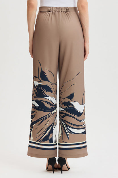 Crepe de Chine Wide-Leg Floral Abstract Pants, Warm Taupe, Warm Taupe/Indigo/Ivory/French Almond | Ming Wang