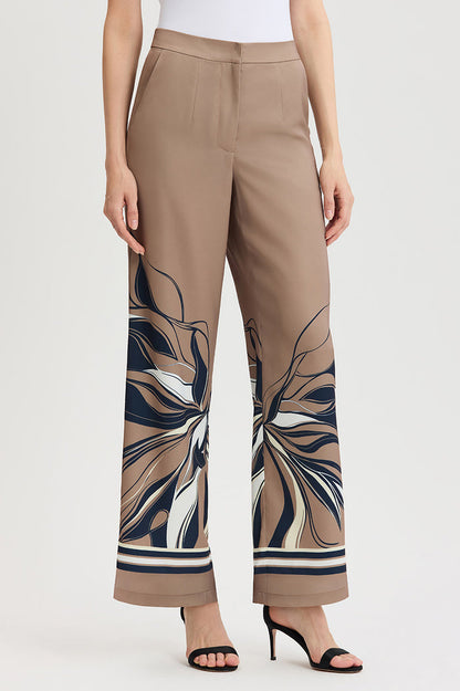Crepe de Chine Wide-Leg Floral Abstract Pants, Warm Taupe, Warm Taupe/Indigo/Ivory/French Almond | Ming Wang