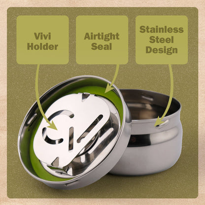 CVault features diagram showing the Vivi Fresh pack holder, airtight seal and stainless steel body