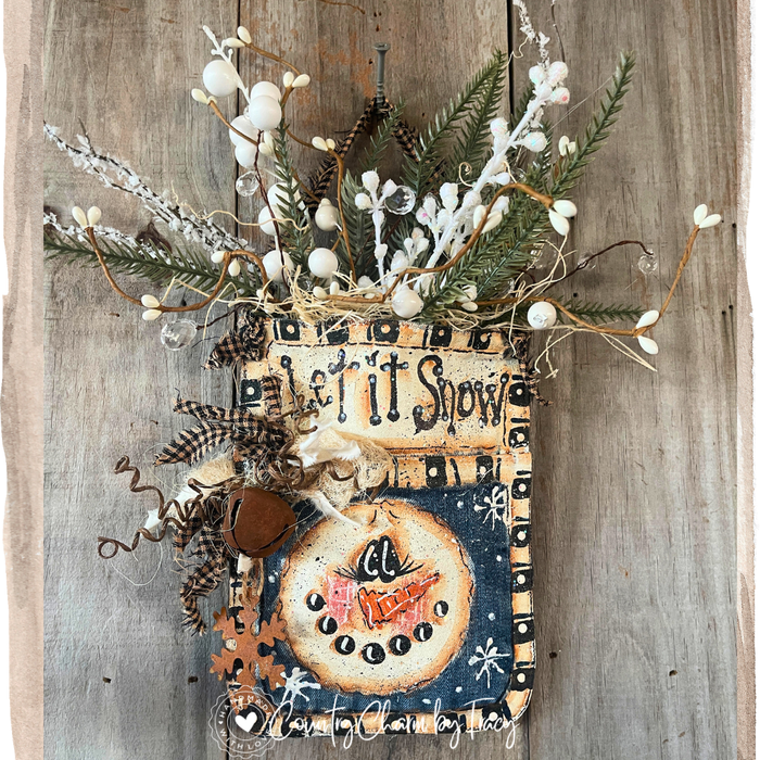 (Dark denim) Let It Snow” Winter Wall Pocket - HandPainted Jean Pocket