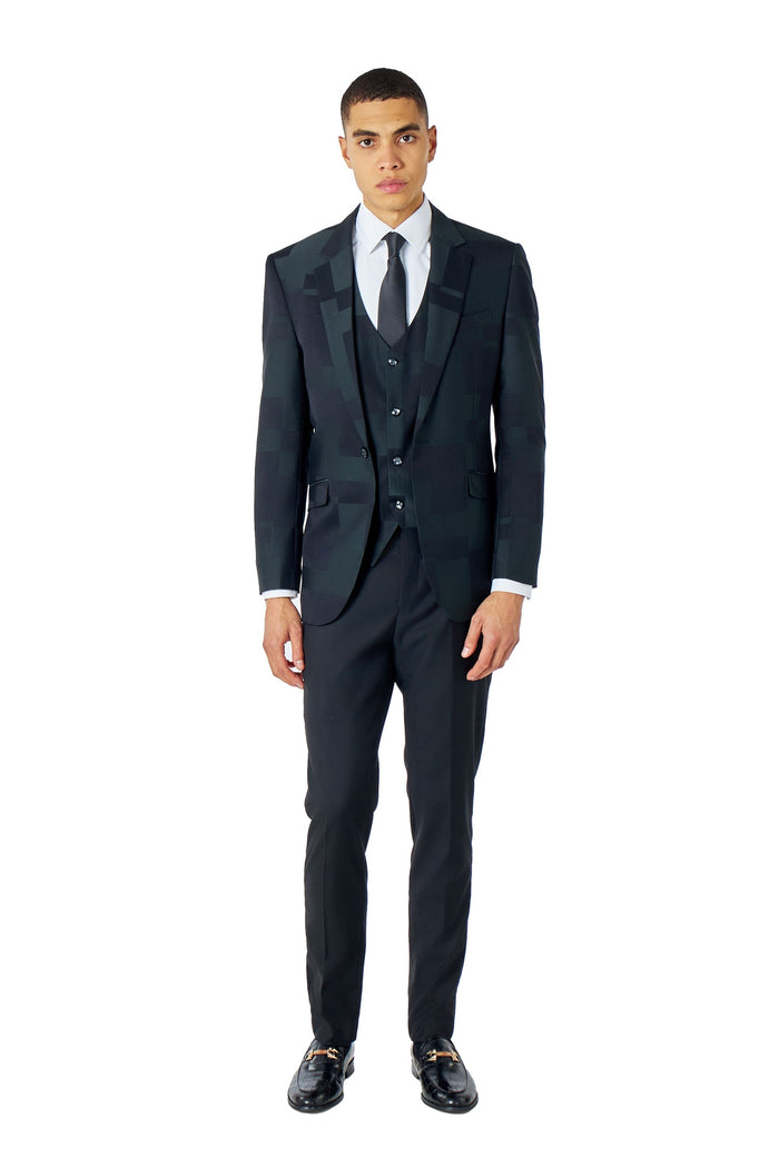 DARK GREEN GEO PATTERN DETAILED 3 PIECE SUIT