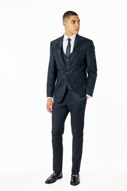 DARK GREEN GEO PATTERN DETAILED 3 PIECE SUIT